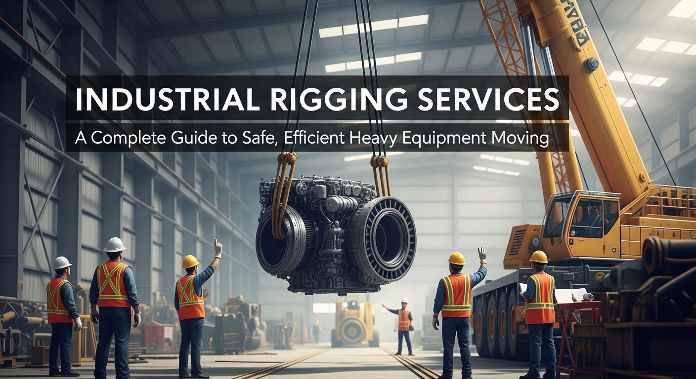 Heavy machinery being lifted using industrial rigging equipment by skilled professionals